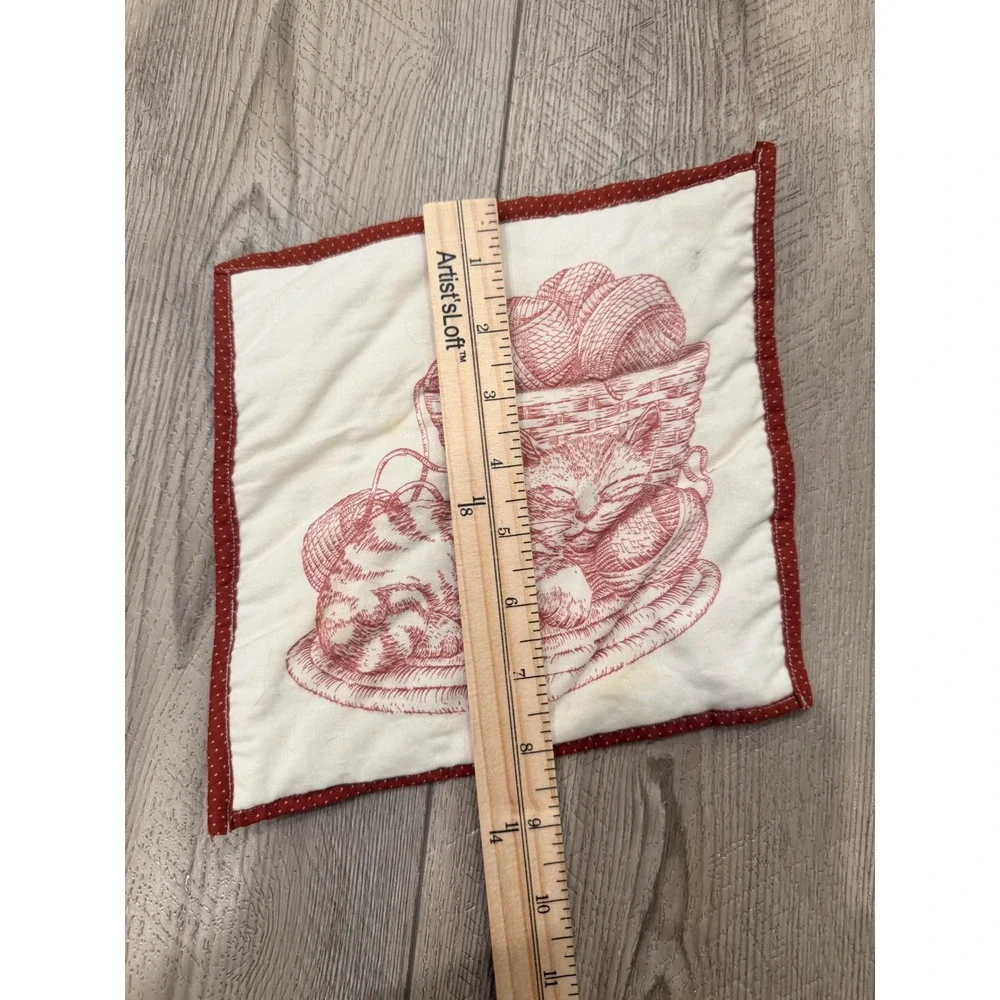 Vintage Set of 3 Quilted Fabric Coasters Red Toile Strawberry Cat Butterfly 8.5